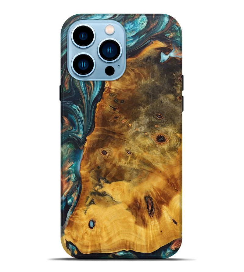 iPhone 14 Pro Max Wood+Resin Live Edge Phone Case - Reginald (Teal & Gold, 702927)