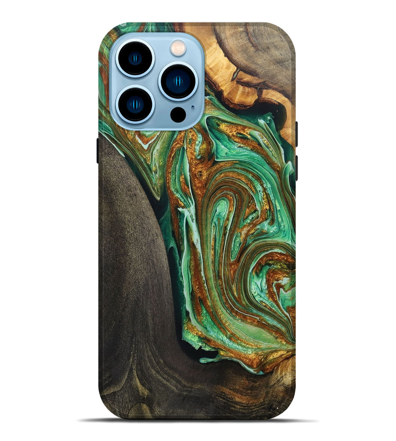 iPhone 14 Pro Max Wood+Resin Live Edge Phone Case - Howard (Green, 703774)