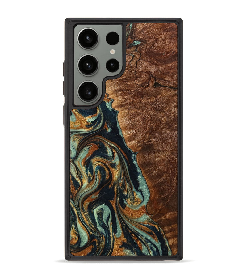 Galaxy S23 Ultra Wood+Resin Phone Case - Flora (Teal & Gold, 704048)