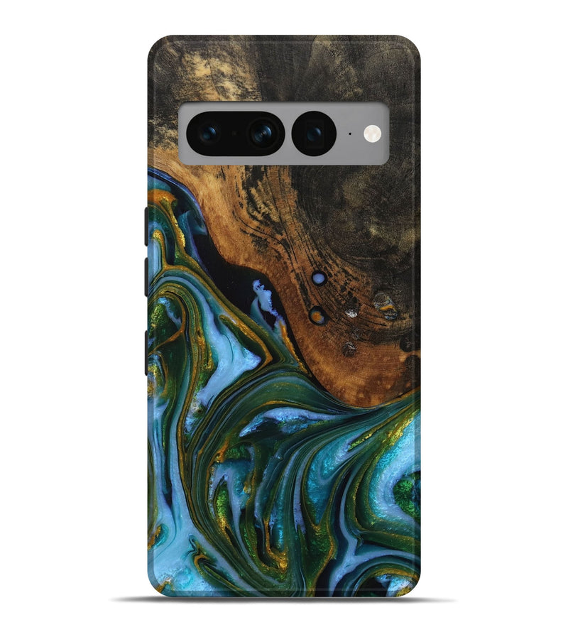 Pixel 7 Pro Wood+Resin Live Edge Phone Case - Madelyn (Teal & Gold, 704615)