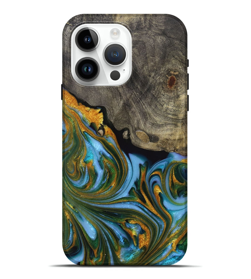 iPhone 15 Pro Max Wood+Resin Live Edge Phone Case - Carmen (Teal & Gold, 704616)