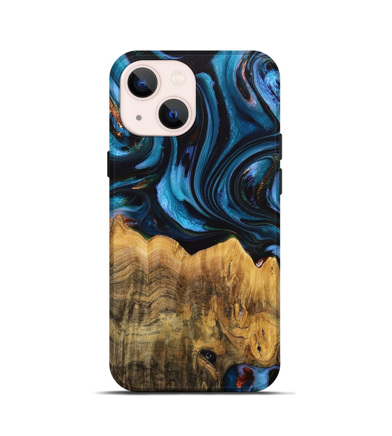 iPhone 13 mini Wood+Resin Live Edge Phone Case - Mary (Teal & Gold, 704617)