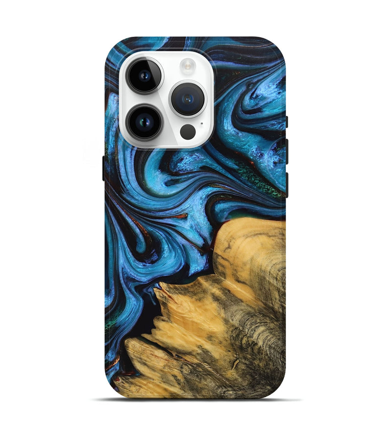 iPhone 15 Pro Wood+Resin Live Edge Phone Case - Jerry (Teal & Gold, 704618)