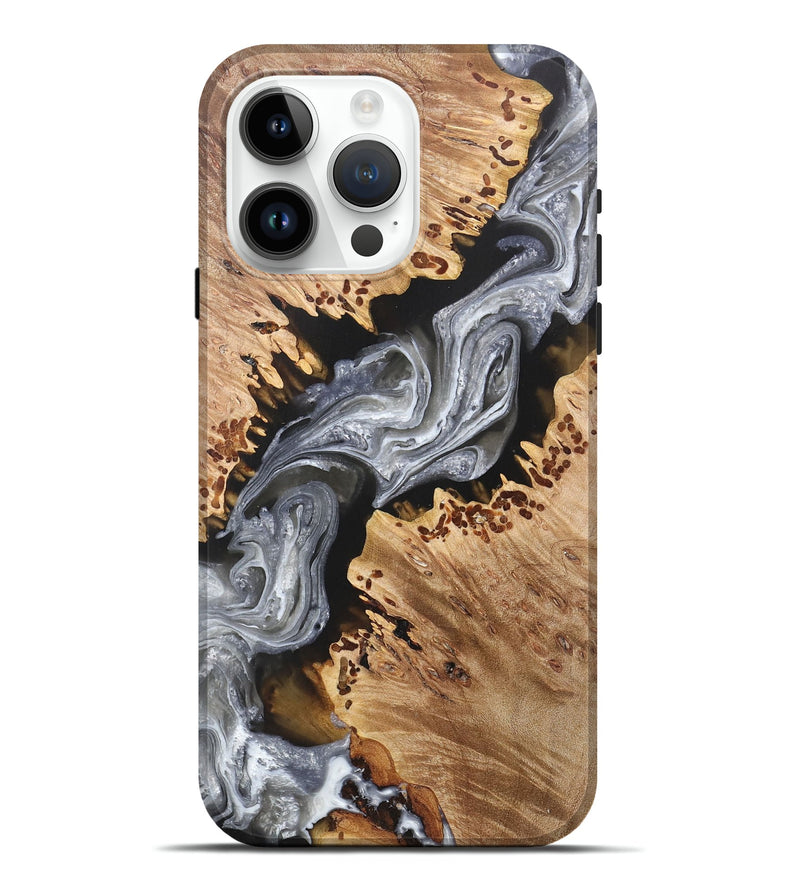 iPhone 15 Pro Max Wood+Resin Live Edge Phone Case - Nayeli (Black & White, 705096)