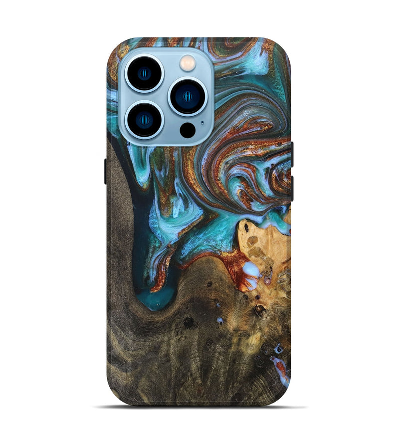 iPhone 14 Pro Wood+Resin Live Edge Phone Case - Lynn (Teal & Gold, 705109)