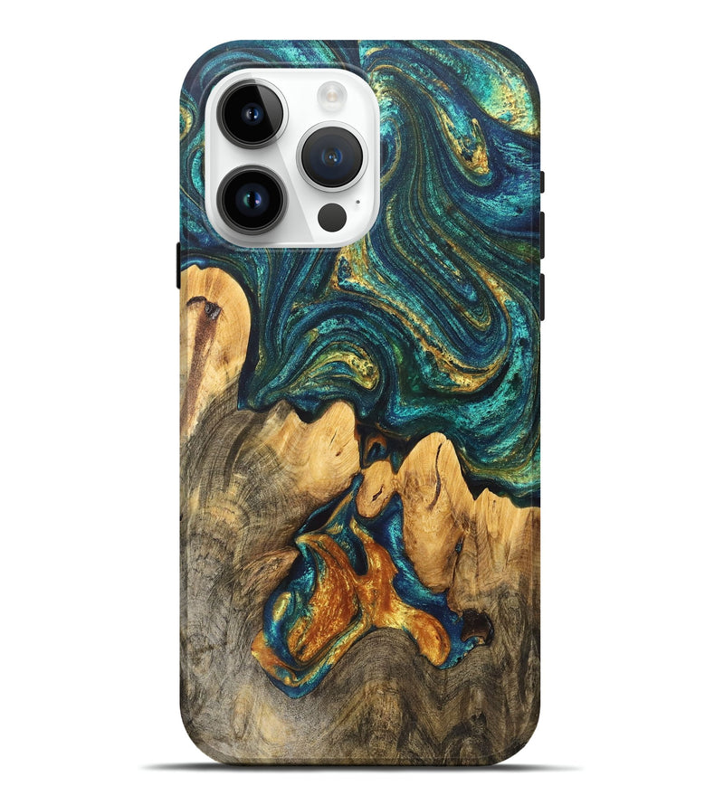 iPhone 15 Pro Max Wood+Resin Live Edge Phone Case - Emely (Teal & Gold, 705111)