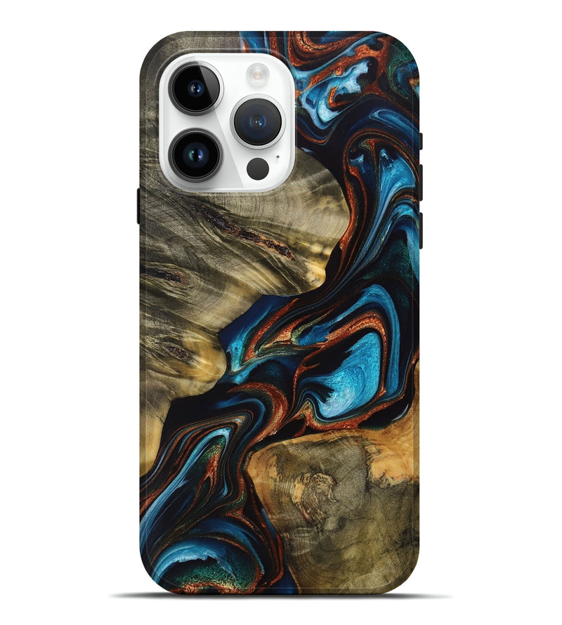 iPhone 15 Pro Max Wood+Resin Live Edge Phone Case - Kennedi (Teal & Gold, 705224)