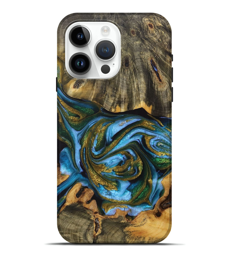 iPhone 15 Pro Max Wood+Resin Live Edge Phone Case - Marc (Teal & Gold, 705425)