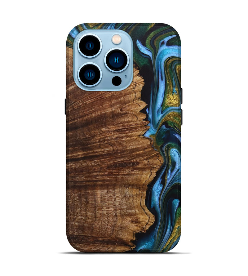 iPhone 14 Pro Wood+Resin Live Edge Phone Case - Sergio (Teal & Gold, 705426)