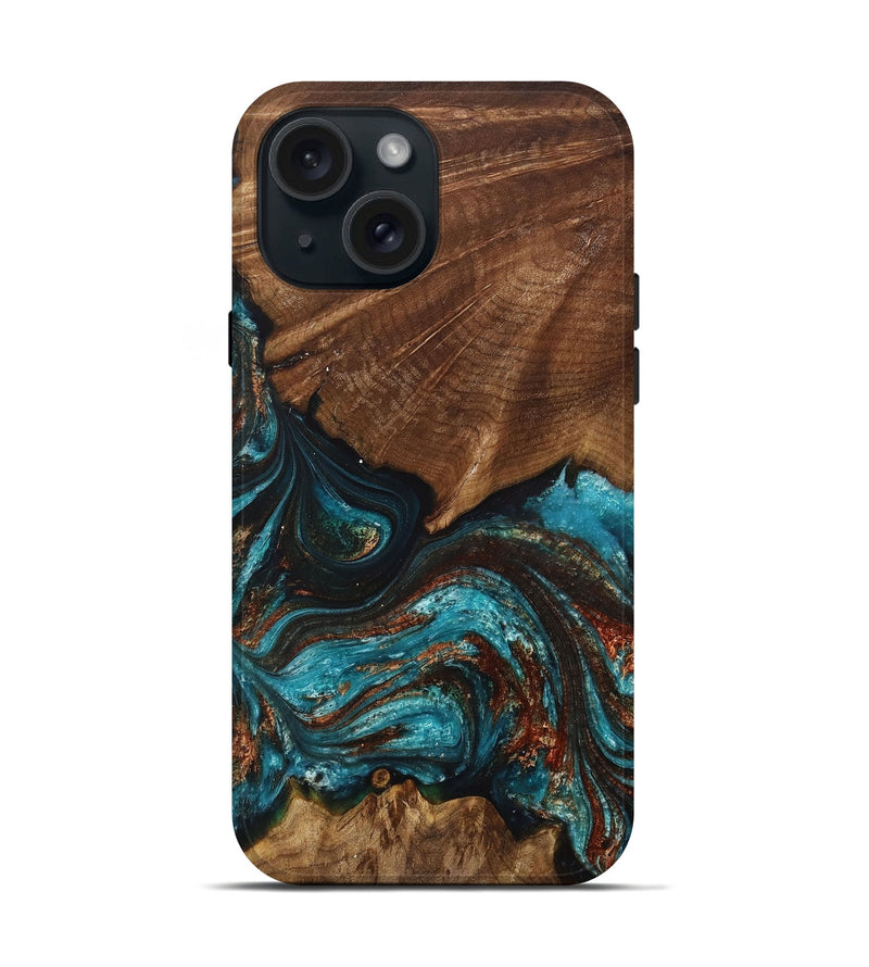 iPhone 15 Wood+Resin Live Edge Phone Case - Kyle (Teal & Gold, 705427)