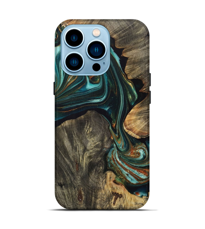iPhone 14 Pro Wood+Resin Live Edge Phone Case - Erin (Teal & Gold, 705691)