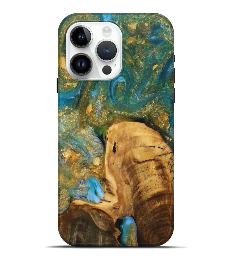 iPhone 15 Pro Max Wood+Resin Live Edge Phone Case - Junior (Teal & Gold, 705693)