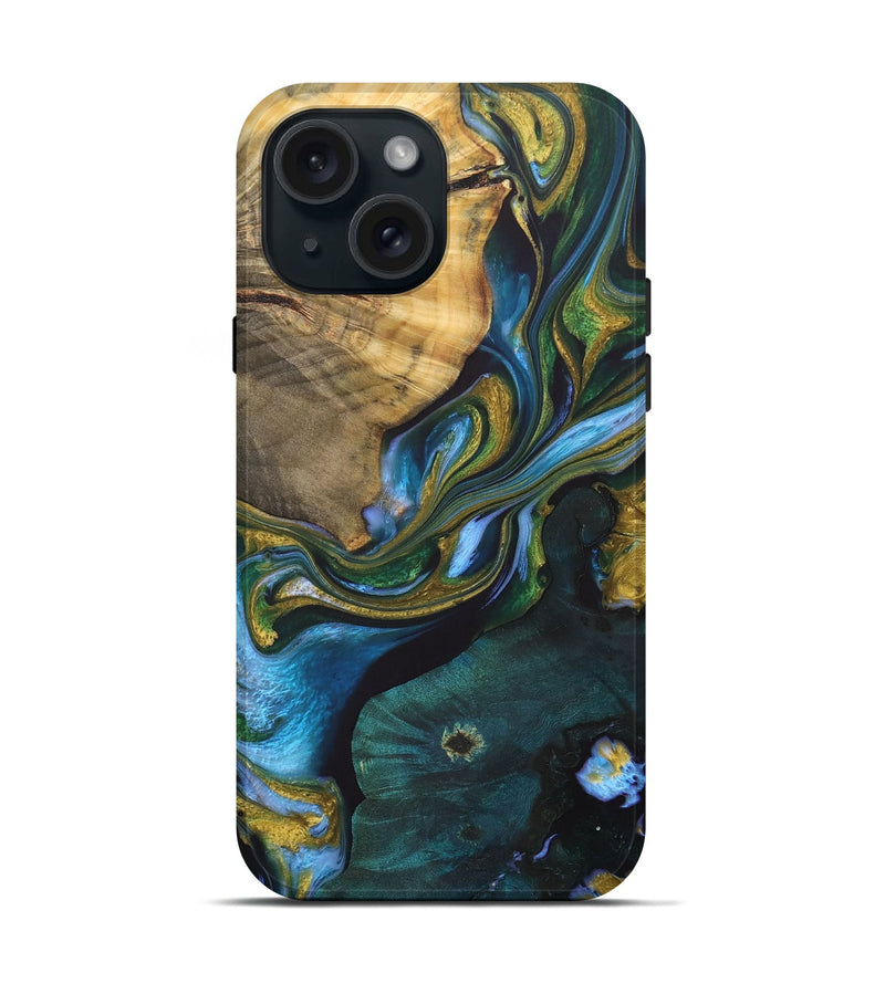 iPhone 15 Wood+Resin Live Edge Phone Case - Florence (Teal & Gold, 705715)