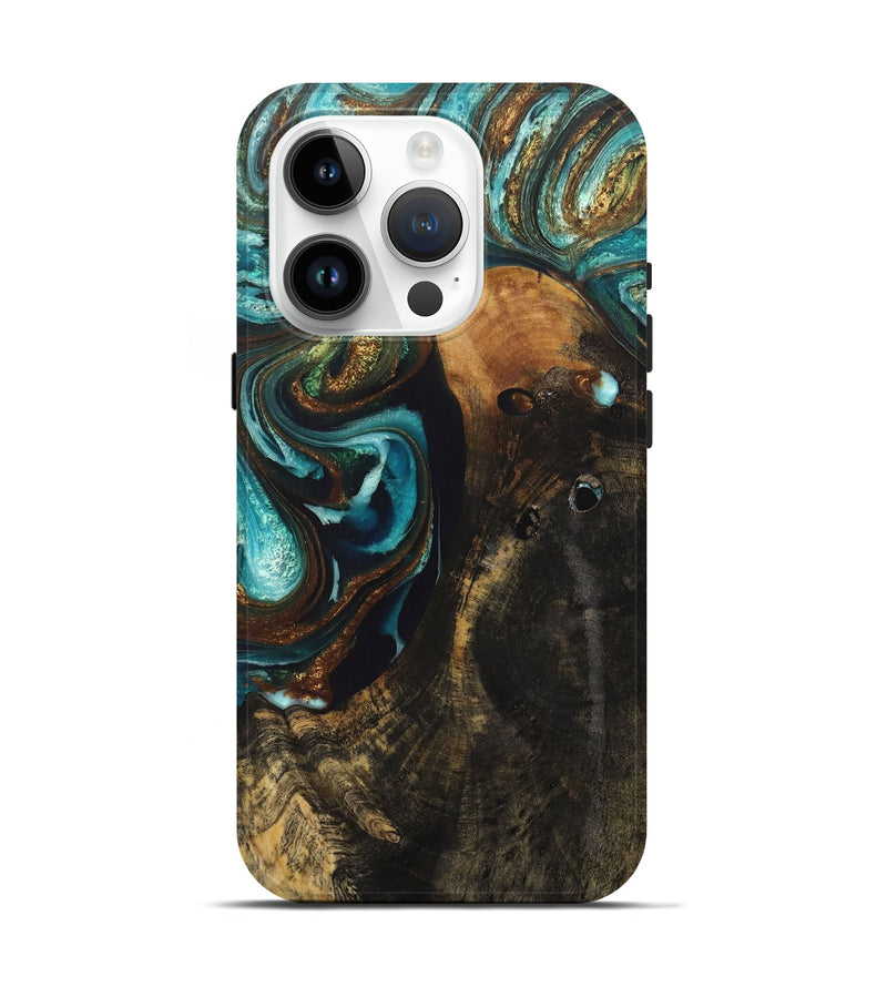 iPhone 15 Pro Wood+Resin Live Edge Phone Case - Roger (Teal & Gold, 705943)