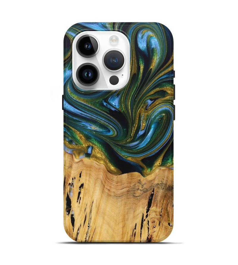 iPhone 15 Pro Wood+Resin Live Edge Phone Case - Caiden (Teal & Gold, 705950)