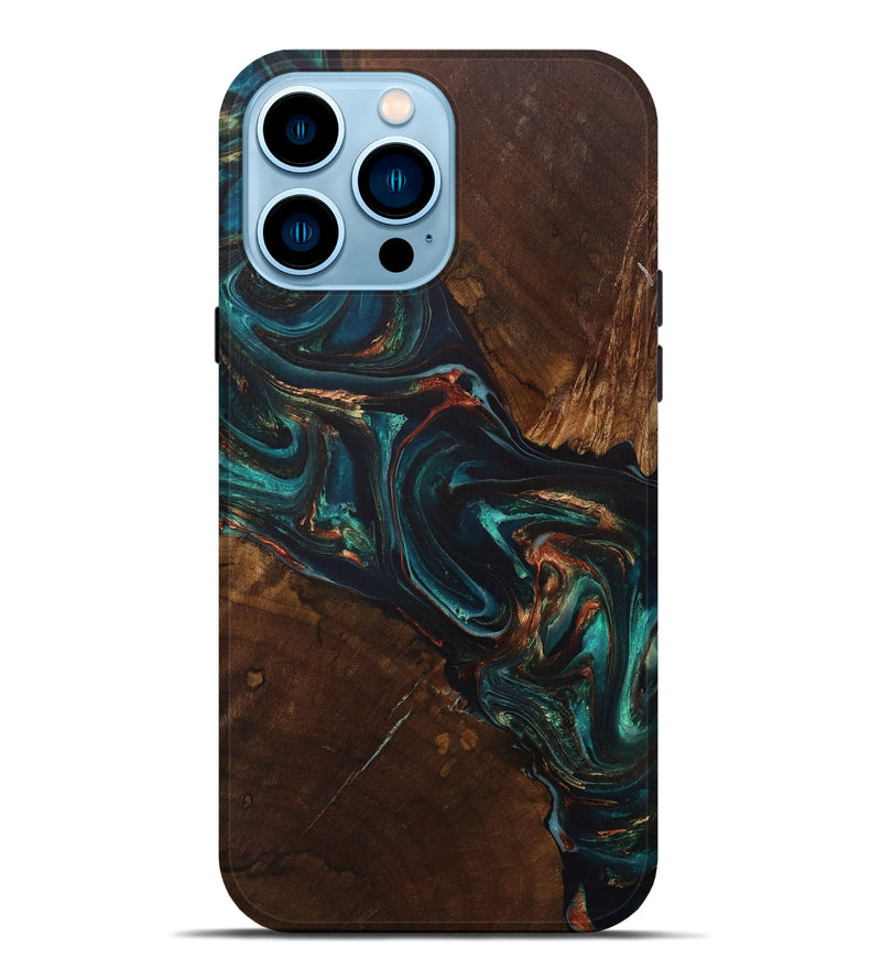 iPhone 14 Pro Max Wood+Resin Live Edge Phone Case - Pat (Teal & Gold, 705960)