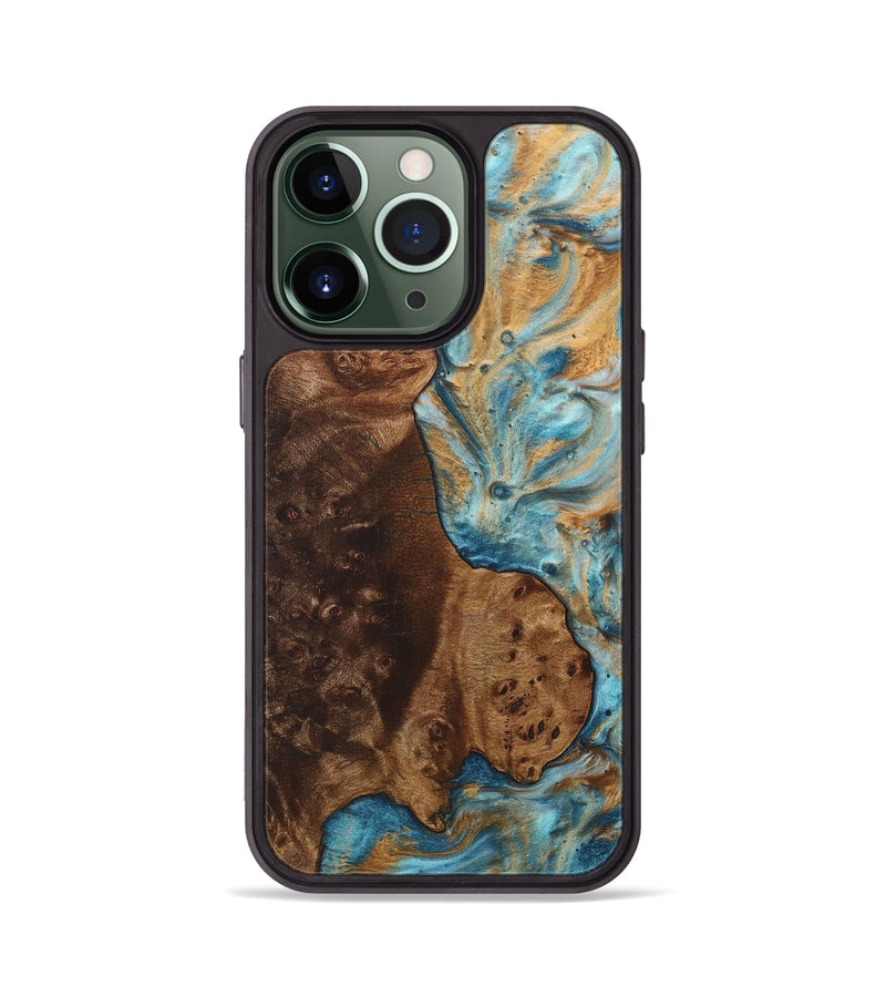 iPhone 13 Pro Wood+Resin Phone Case - Xander (Teal & Gold, 706012)