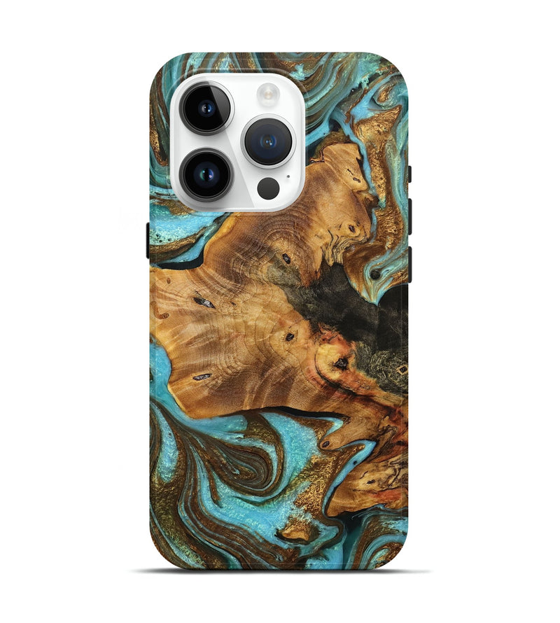 iPhone 15 Pro Wood+Resin Live Edge Phone Case - Lula (Teal & Gold, 706477)
