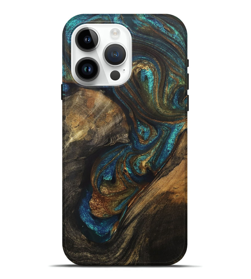 iPhone 15 Pro Max Wood+Resin Live Edge Phone Case - Victor (Teal & Gold, 706548)