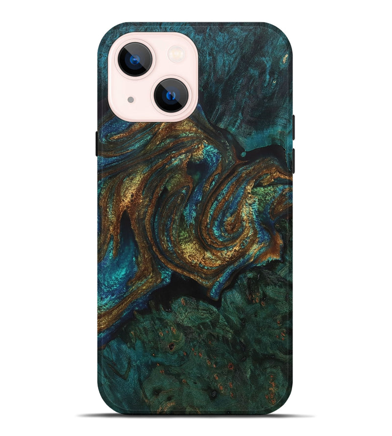 iPhone 14 Plus Wood+Resin Live Edge Phone Case - Robin (Teal & Gold, 706549)