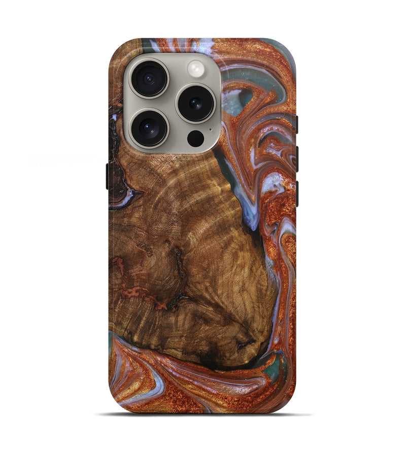 iPhone 16 Pro Wood+Resin Live Edge Phone Case - Karissa (Teal & Gold, 706550)