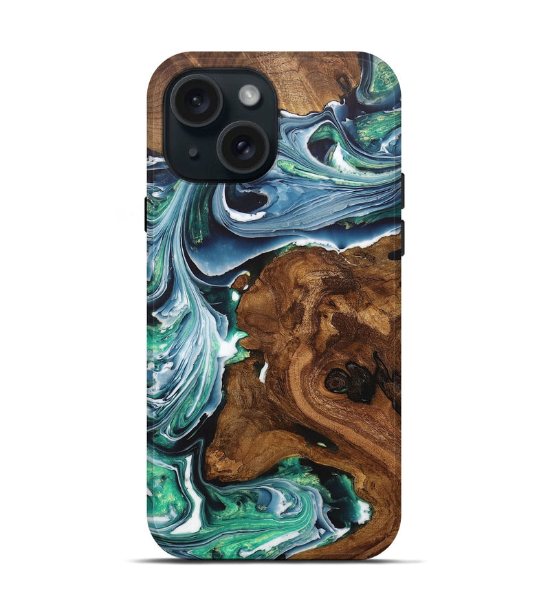iPhone 15 Wood+Resin Live Edge Phone Case - Forrest (Blue, 707052)
