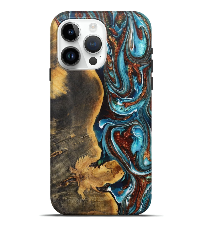 iPhone 15 Pro Max Wood+Resin Live Edge Phone Case - Jeffery (Teal & Gold, 707067)