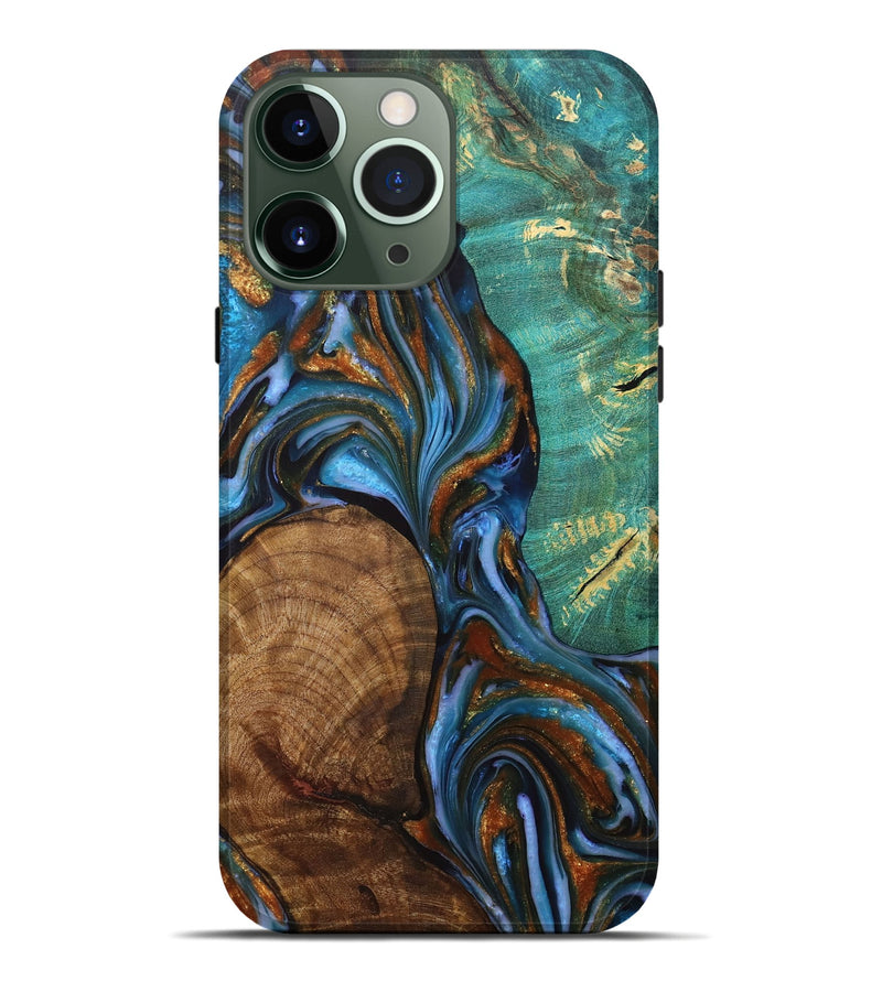 iPhone 13 Pro Max Wood+Resin Live Edge Phone Case - Shaun (Teal & Gold, 707068)