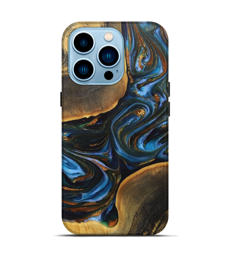 iPhone 14 Pro Wood+Resin Live Edge Phone Case - Nikita (Teal & Gold, 707069)