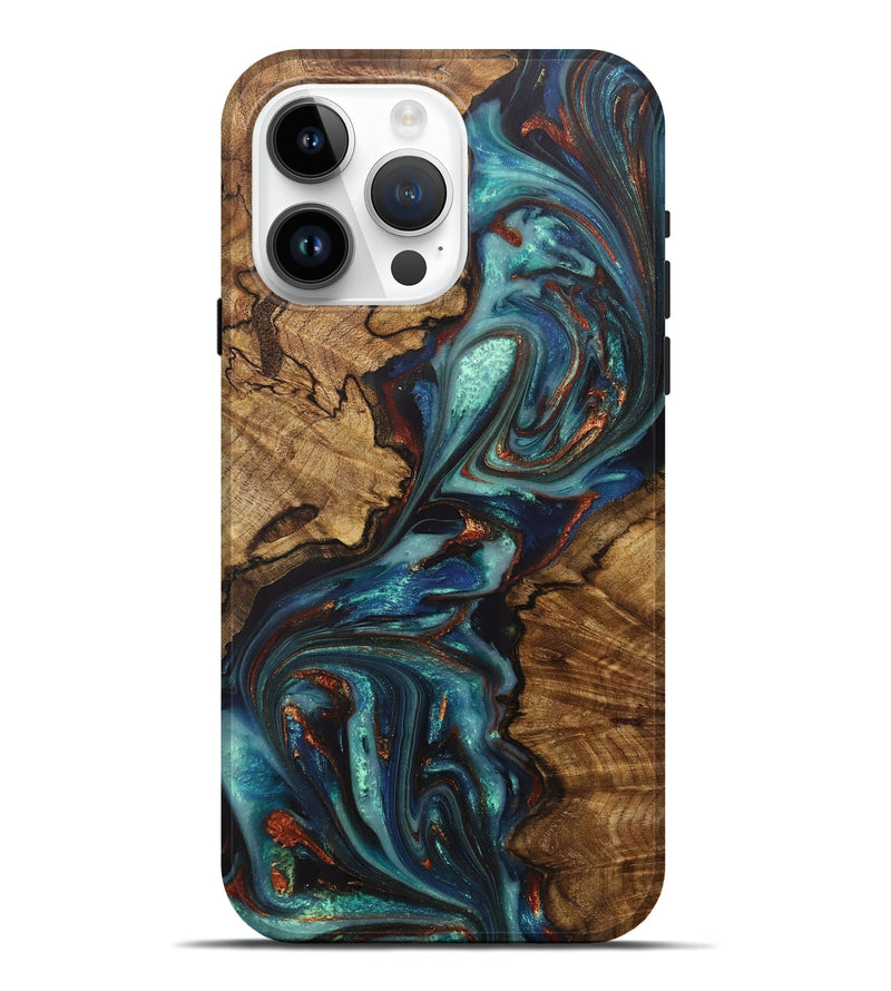 iPhone 15 Pro Max Wood+Resin Live Edge Phone Case - Leslie (Teal & Gold, 707071)