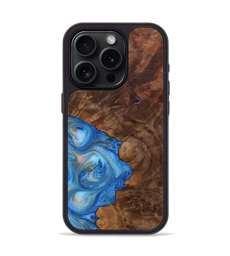 iPhone 15 Pro Wood+Resin Phone Case - Chelsey (Teal & Gold, 707205)