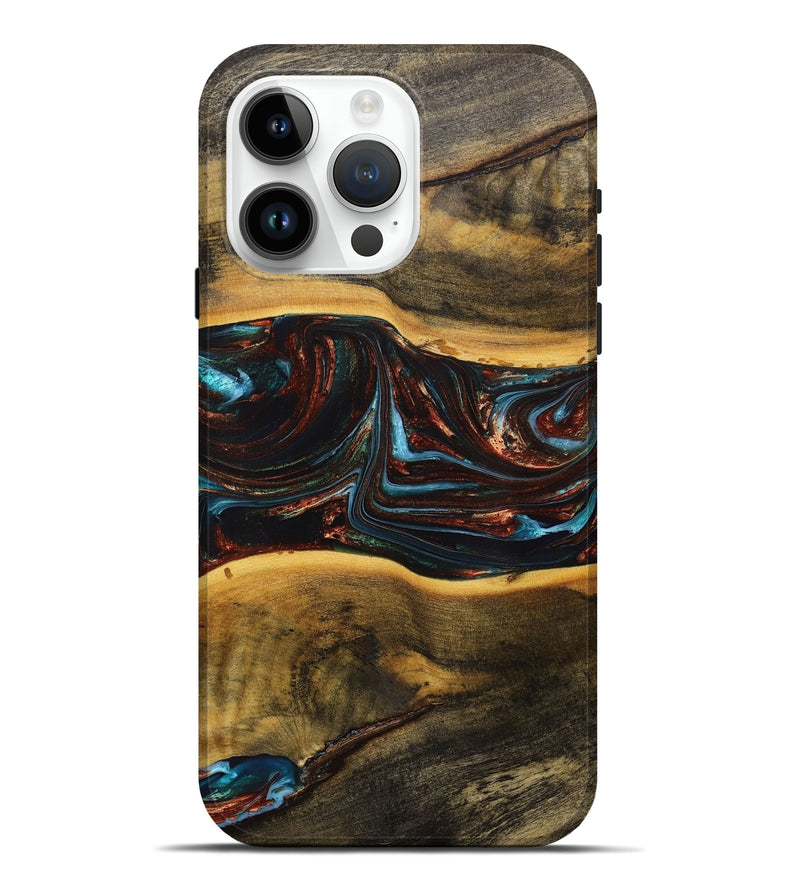 iPhone 15 Pro Max Wood+Resin Live Edge Phone Case - Sasha (Teal & Gold, 707393)