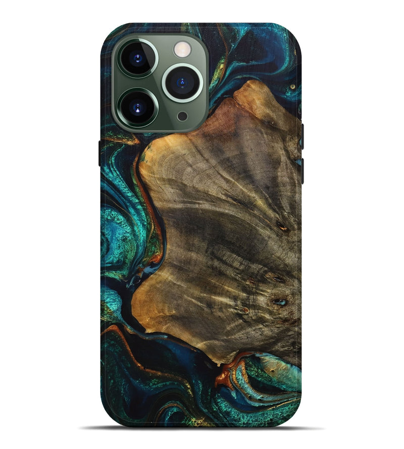 iPhone 13 Pro Max Wood+Resin Live Edge Phone Case - Beth (Teal & Gold, 707394)