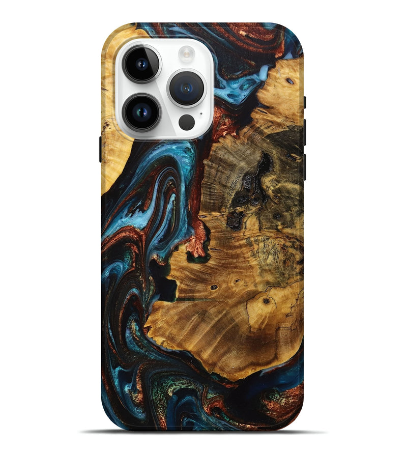 iPhone 15 Pro Max Wood+Resin Live Edge Phone Case - Darren (Teal & Gold, 707783)