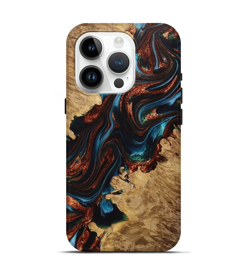 iPhone 15 Pro Wood+Resin Live Edge Phone Case - Edgar (Teal & Gold, 707785)