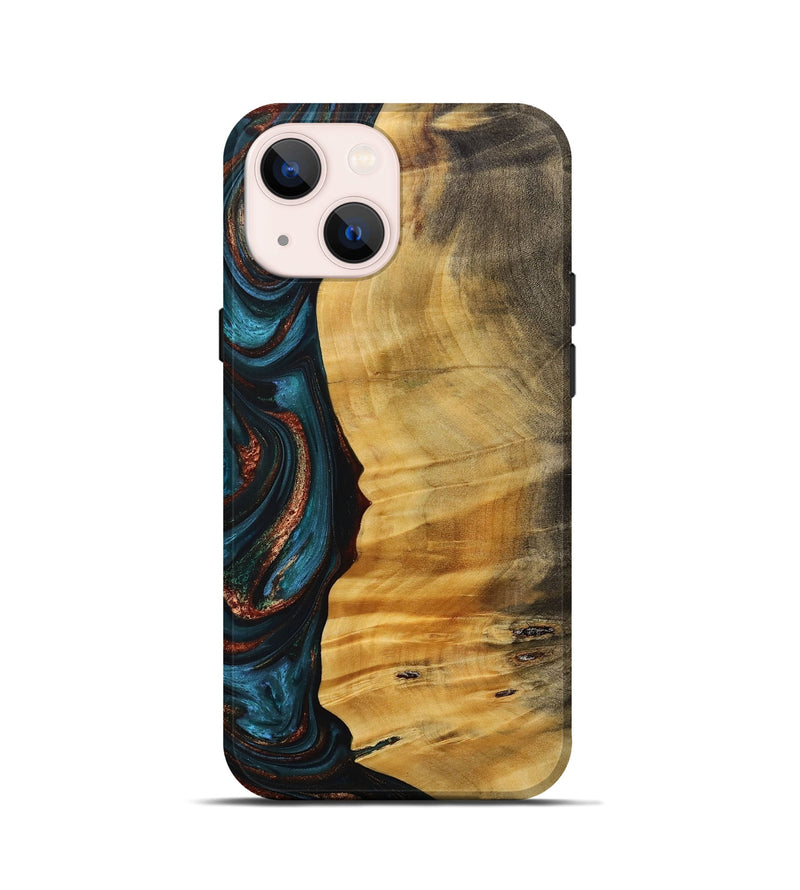 iPhone 13 mini Wood+Resin Live Edge Phone Case - Jackie (Teal & Gold, 707786)