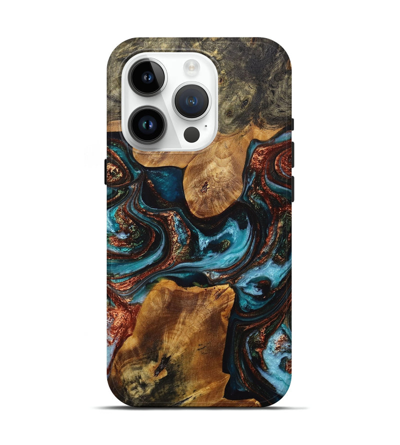 iPhone 15 Pro Wood+Resin Live Edge Phone Case - Dixie (Teal & Gold, 707787)