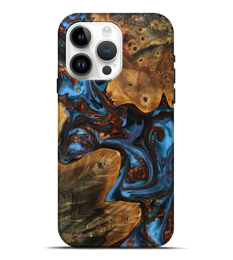 iPhone 15 Pro Max Wood+Resin Live Edge Phone Case - Amie (Teal & Gold, 707790)