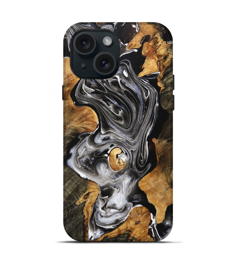 iPhone 15 Wood+Resin Live Edge Phone Case - Madilyn (Black & White, 707793)