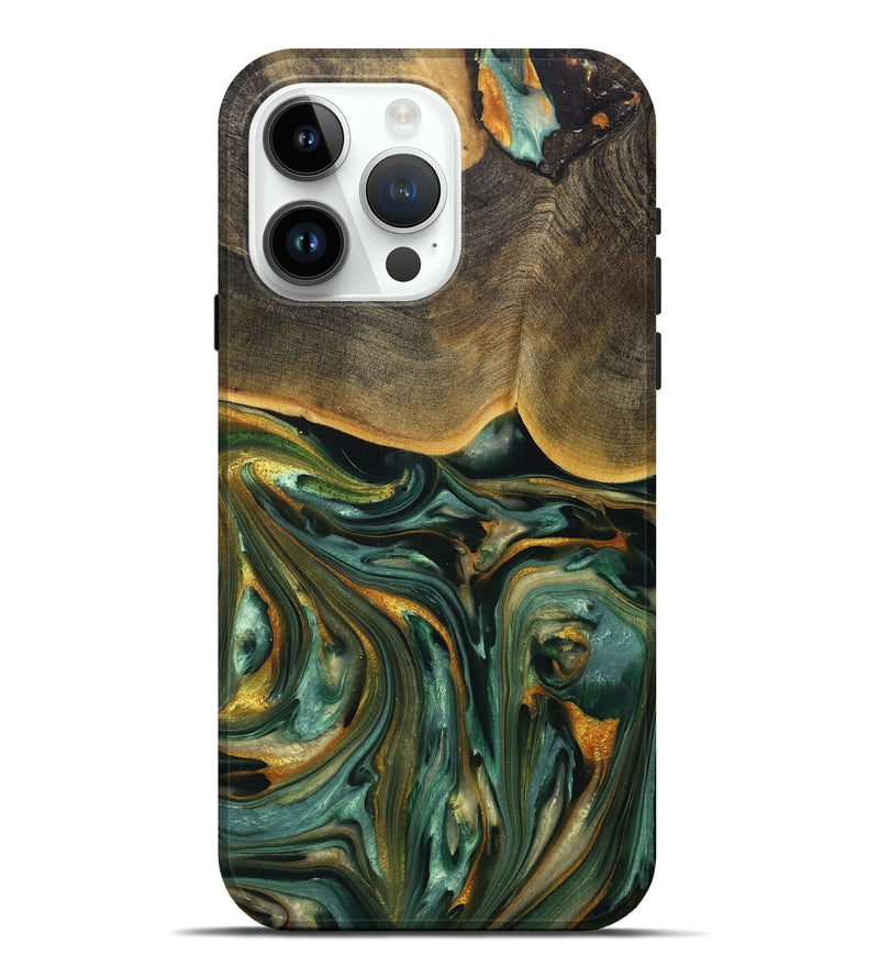 iPhone 15 Pro Max Wood+Resin Live Edge Phone Case - Elisa (Teal & Gold, 708433)