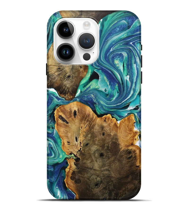 iPhone 15 Pro Max Wood+Resin Live Edge Phone Case - Mona (Green, 708450)