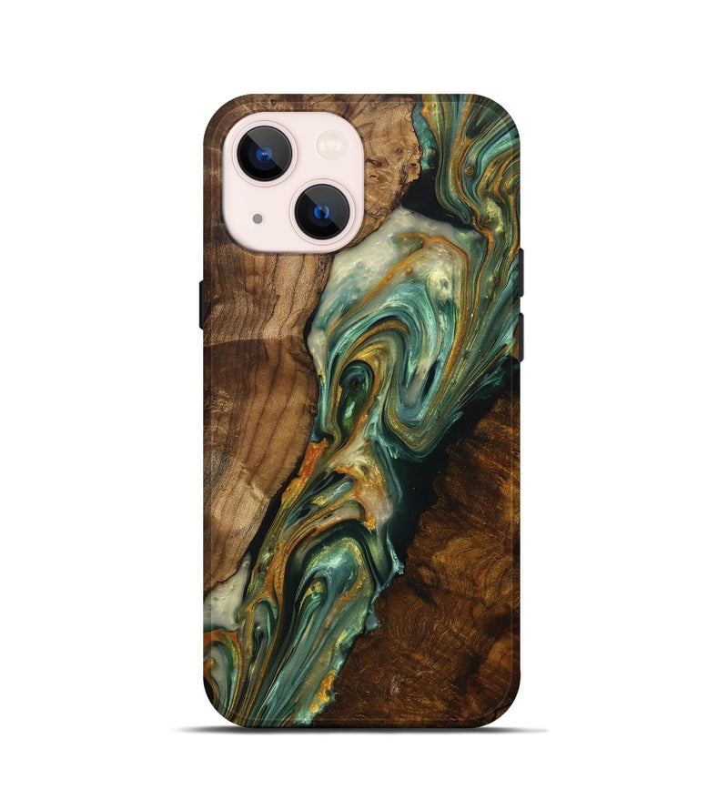 iPhone 13 mini Wood+Resin Live Edge Phone Case - Kristopher (Teal & Gold, 708451)