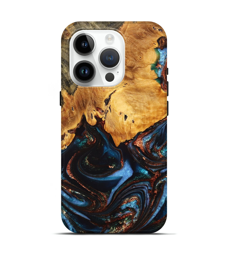iPhone 15 Pro Wood+Resin Live Edge Phone Case - Jaiden (Teal & Gold, 709564)