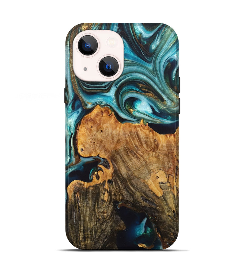 iPhone 13 Wood+Resin Live Edge Phone Case - Abby (Teal & Gold, 709566)