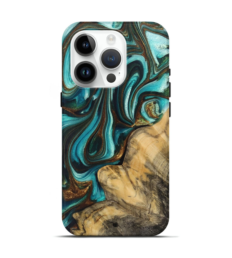 iPhone 15 Pro Wood+Resin Live Edge Phone Case - Melissa (Teal & Gold, 709575)
