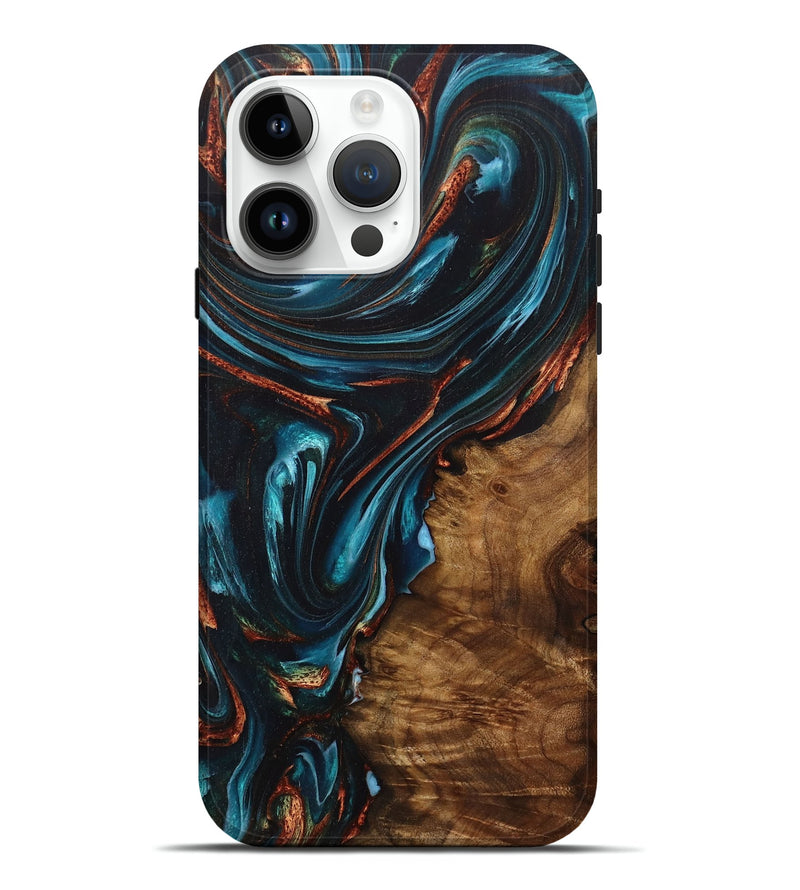 iPhone 15 Pro Max Wood+Resin Live Edge Phone Case - Amara (Teal & Gold, 709576)