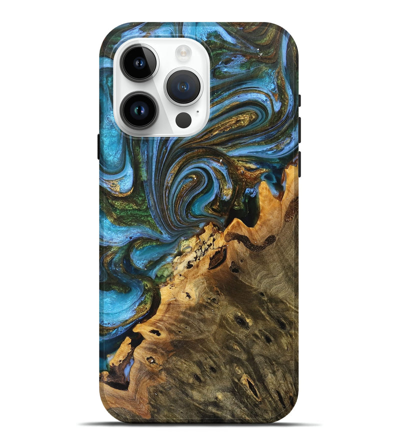 iPhone 15 Pro Max Wood+Resin Live Edge Phone Case - Angie (Teal & Gold, 709844)