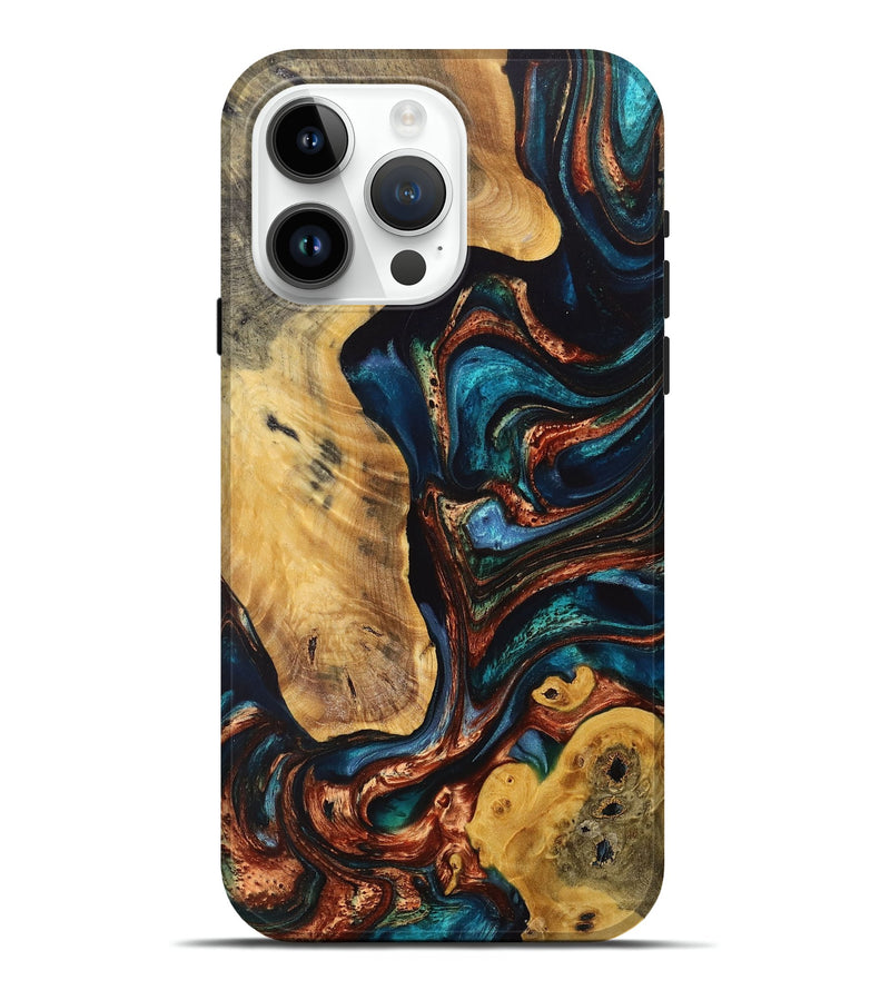 iPhone 15 Pro Max Wood+Resin Live Edge Phone Case - Claire (Teal & Gold, 709846)
