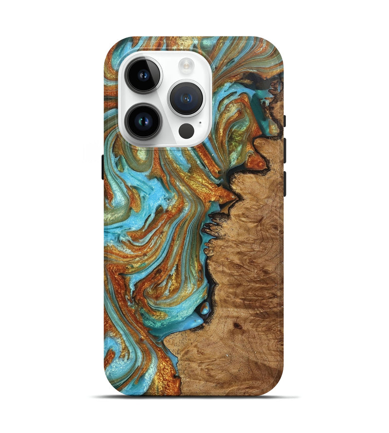 iPhone 15 Pro Wood+Resin Live Edge Phone Case - Penny (Teal & Gold, 709848)