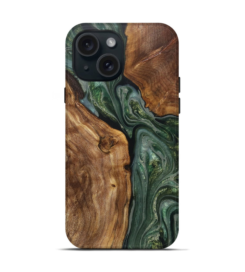 iPhone 15 Wood+Resin Live Edge Phone Case - Inez (Green, 710142)
